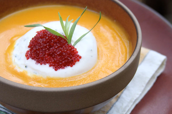 Carrot Soup with Tarragon Cream & Saffron Infused Whitefish Roe