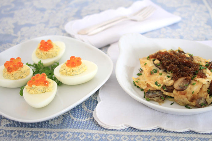 Mushroom Matzo Brei and Deviled Eggs with Salmon Roe