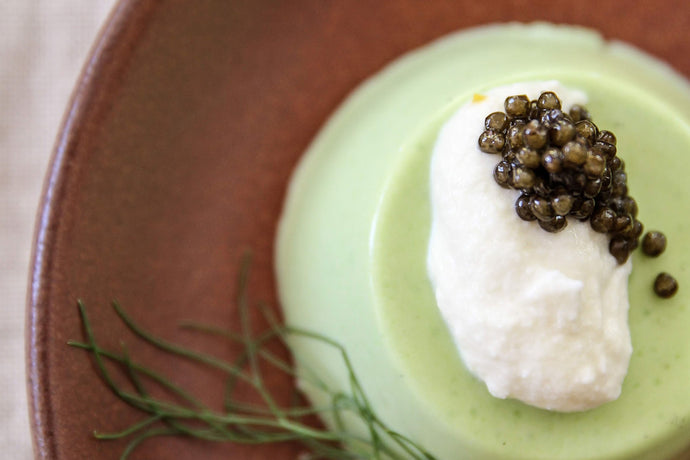 Sweet Pea Panna Cotta with Cauliflower Puree and California White Sturgeon Caviar