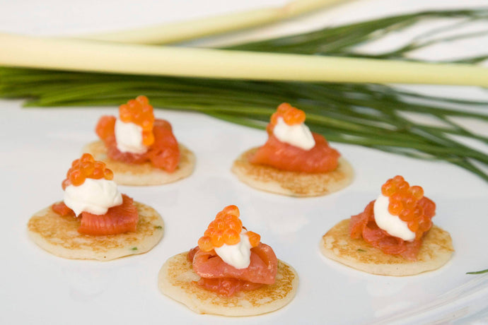 Citrus Blini with lemongrass and kaffir lime gravlax and Trout Caviar