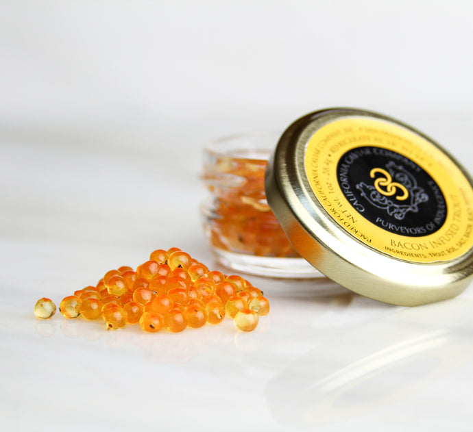 Bacon Infused Trout Roe - Bacon & Eggs! One of our favorite combinations. Using Nueske’s Applewood Smoked Bacon, this roe has the perfect balance of smokiness and sweetness with a hint of black pepper.