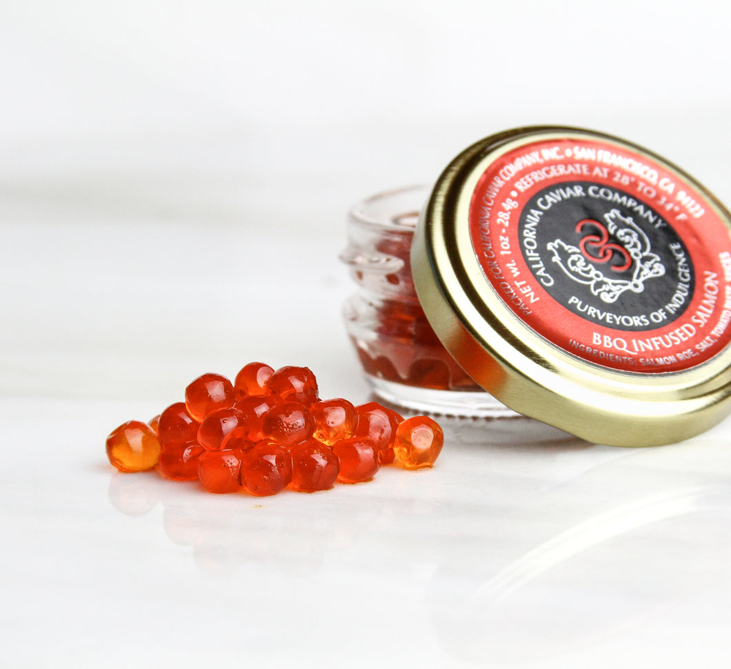 BBQ Infused Salmon Roe - Salmon roe has the biggest flavor and pop of all the roes and can be used in place or in conjunction to salmon meat. Topped on cornmeal pancakes with herbed crème fraiche or tossed in a mache salad with avocado are some of our favorite applications.
