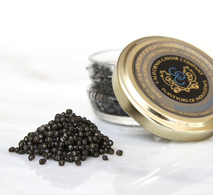 Classic White Sturgeon Caviar - This caviar has deliciously topped everything from foie gras, to braised abalone, to chocolate mousse and paired perfectly with cabernet sauvignon, beer and of course champagne.