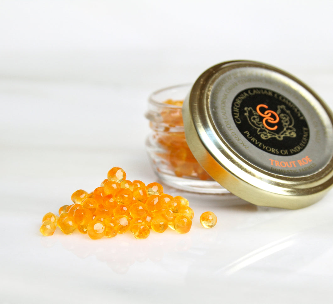Trout Roe - Try tossing it with sake and topping it on sashimi or mix it with bourbon and spices to top on grilled salmon. The freshness and faint sweetness of this caviar is great for use in delicate salads or pasta.